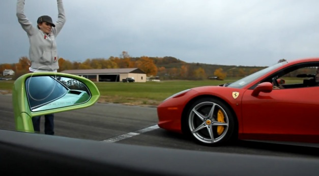 Here are a few videos of a new Ferrari 458 drag racing against a Lamborghini 