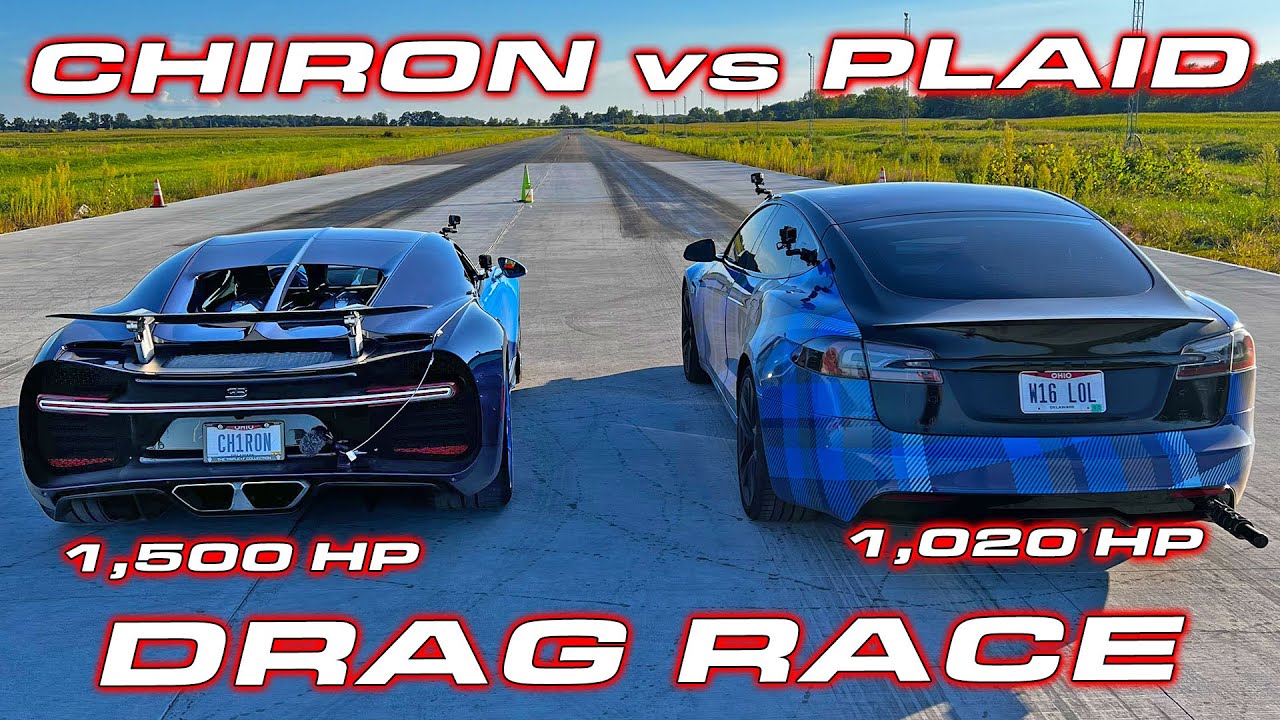 Bugatti Chiron vs Tesla Plaid Drag and Roll Racing