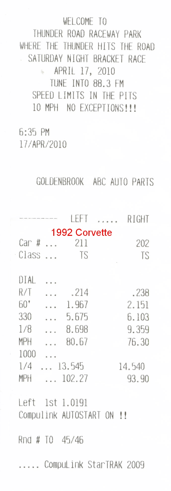 Chevrolet Corvette Timeslip Scan