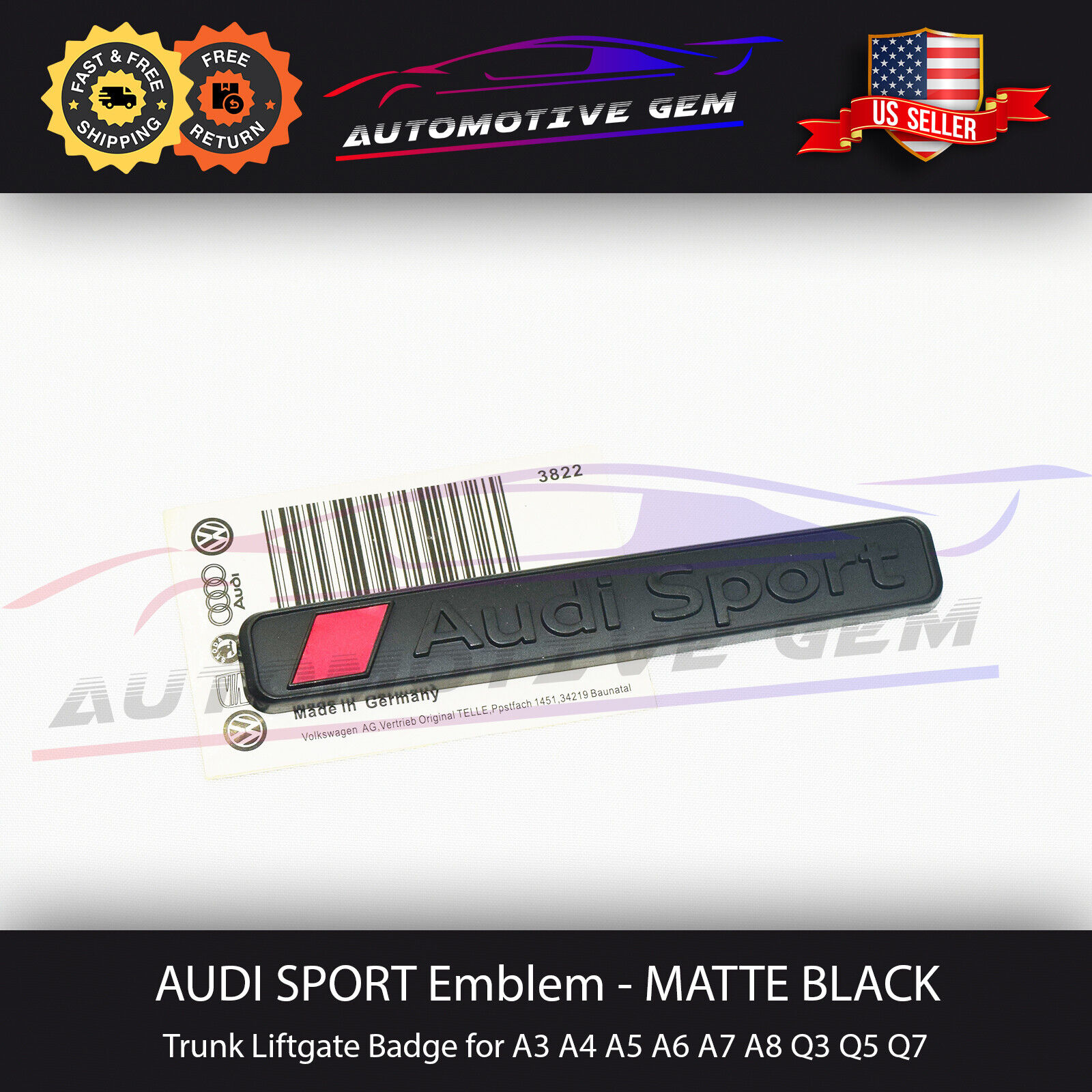 Audi Sport Emblem MATTE BLACK 3D Badge Trunk Fender OEM A3 A4 A5 A6 A7 Q3 Q5 TT
