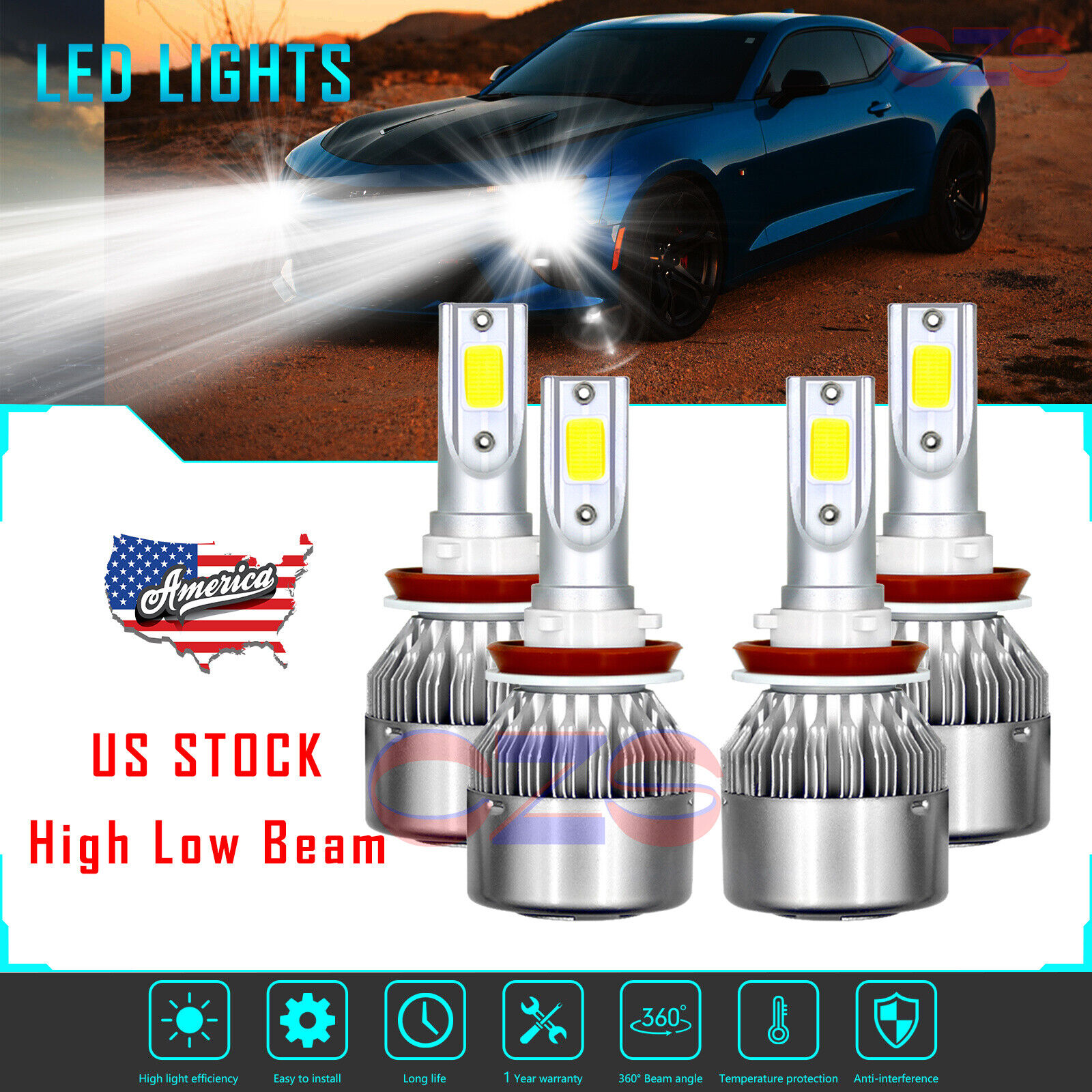 LED Headlight Bulbs Bright White for Chevy Malibu Impala H11 H9 High Low Beam