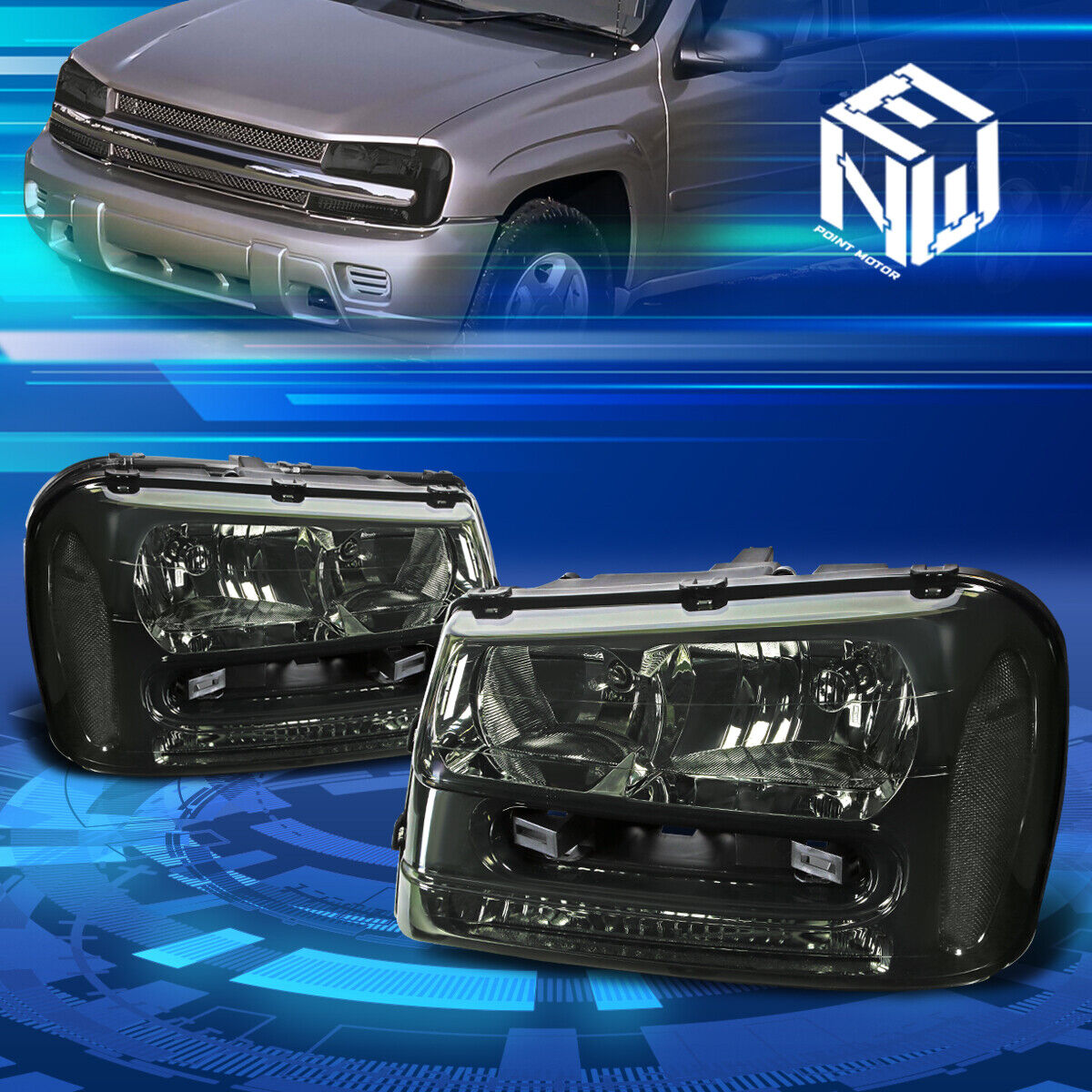 For 02-09 Chevy Trailblazer EXT Smoked Headlights Clear Corner Lamps Replacement