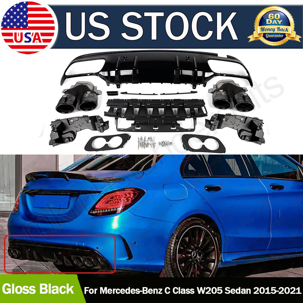 C43 STYLE REAR DIFFUSER + ROUND BLACK EXHAUST TIPS FOR 2015-2021 BENZ W205 SEDAN