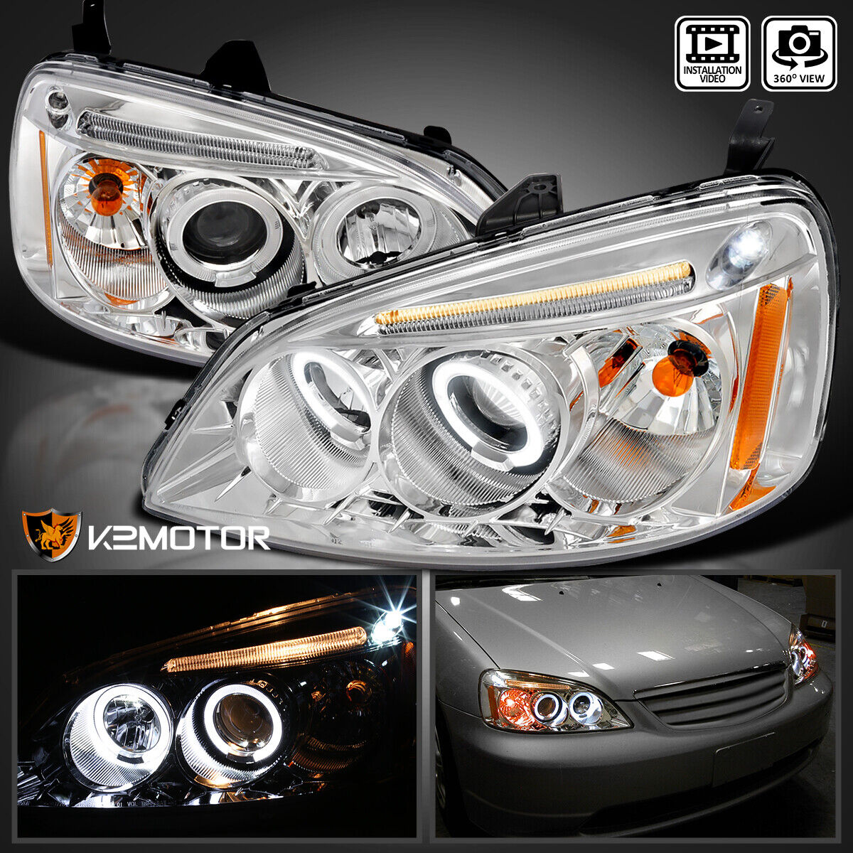 Fits 2001-2003 Honda Civic LED Halo Projector Headlights Head Lamps Left+Right