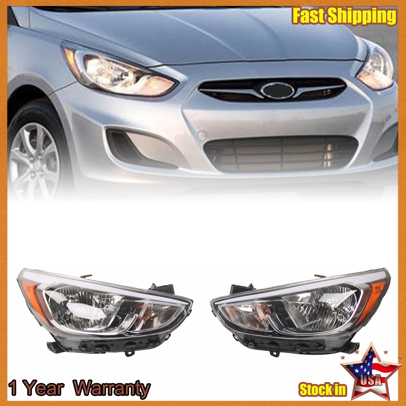 Headlight Assembly Right/Left Side Set For 15-17 Hyundai Accent 2PCS