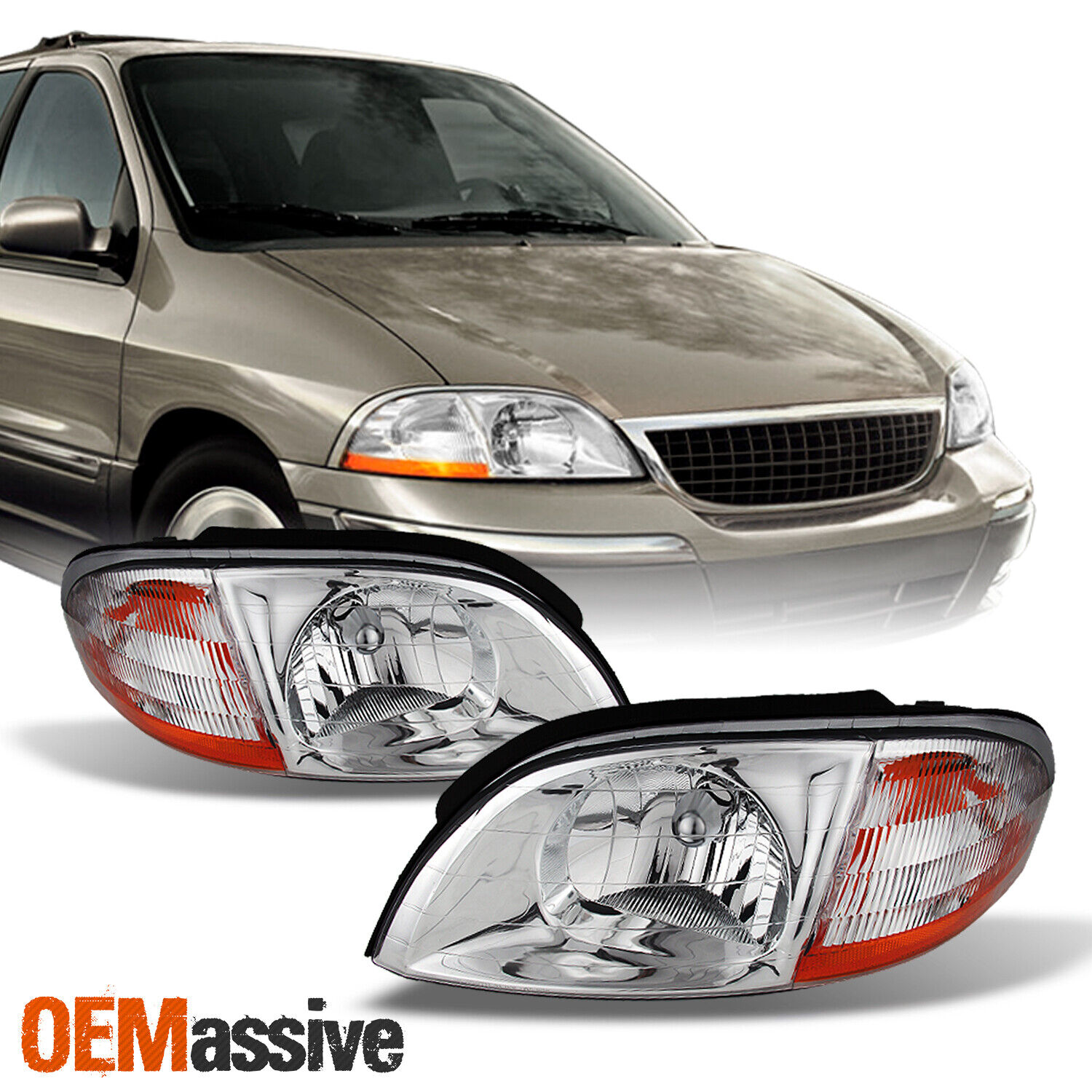 Fit 99-03 Ford Windstar Replacement Chrome Clear Headlights L + R Headlamps