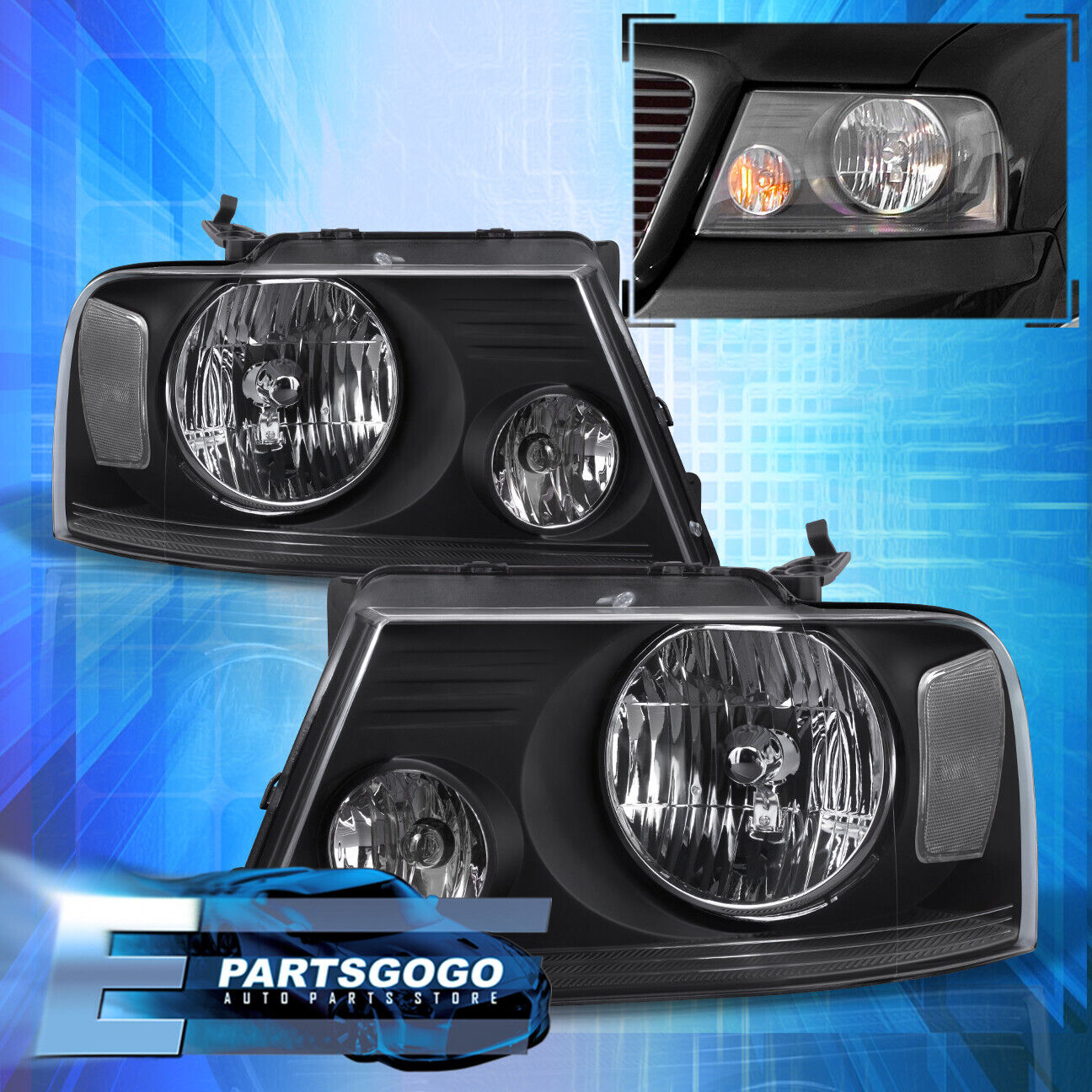 For 04-08 Ford F-150 F150 Lincoln Mark LT Black Clear Headlights Lamp Left+Right