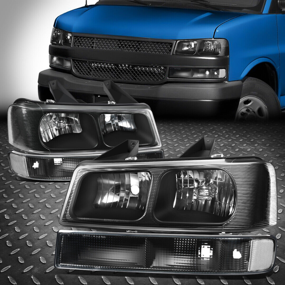 For 03-24 Chevy Express GMC Savana Black Halogen Headlights Bumper Lamp Assembly