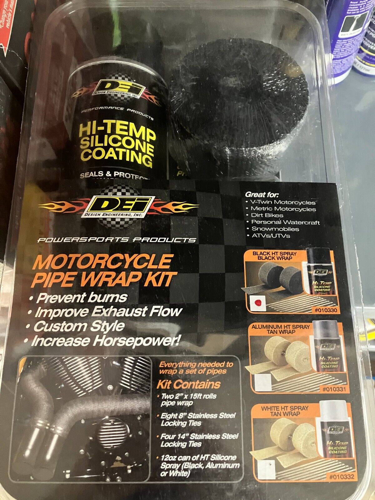 Design Engineering Motorcycle Pipe Wrap Kit w Hi-Temp Silicone Coating Spray