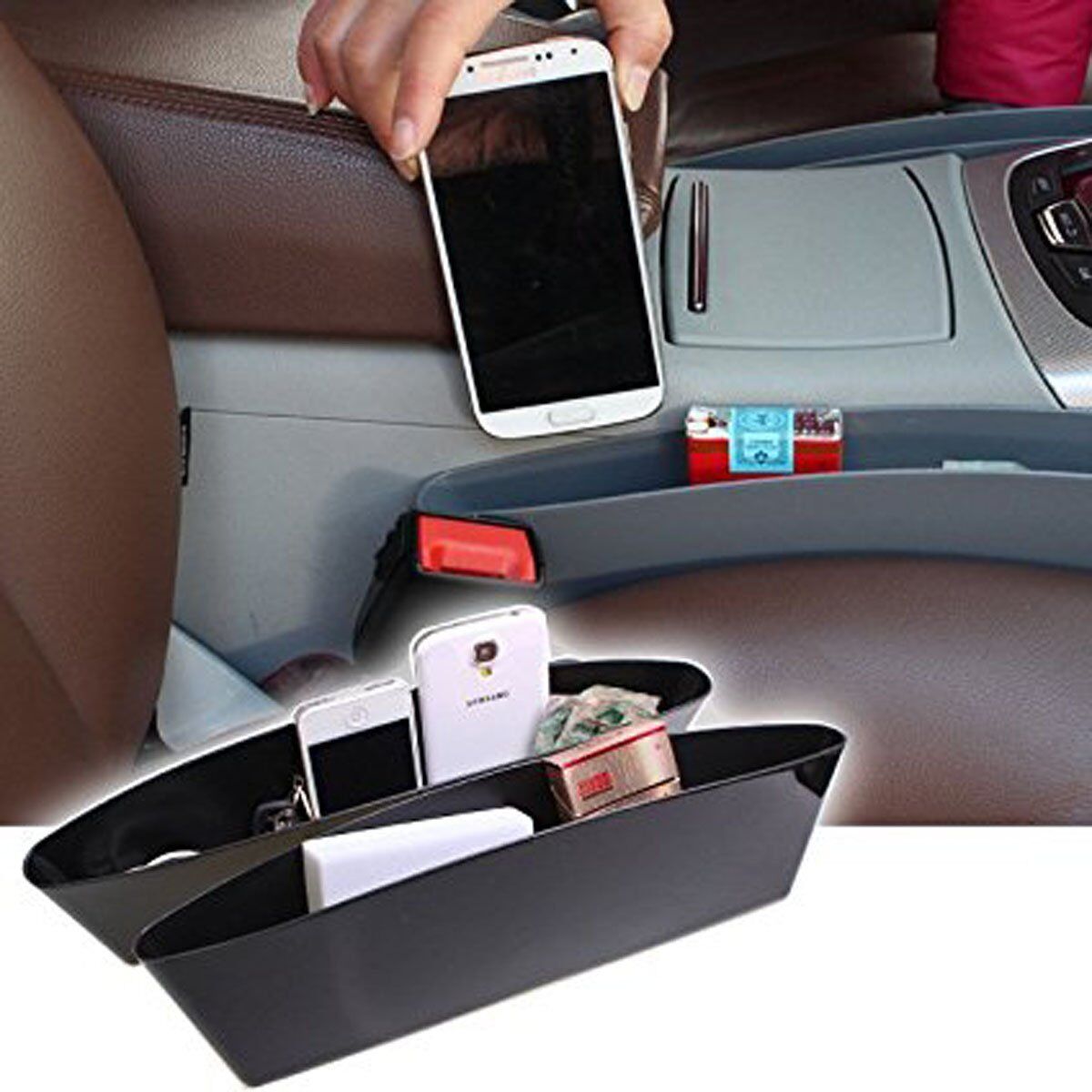 New 2Pieces Black Catch Catcher Storage Organizer Box Caddy Car Seat Slit Pocket