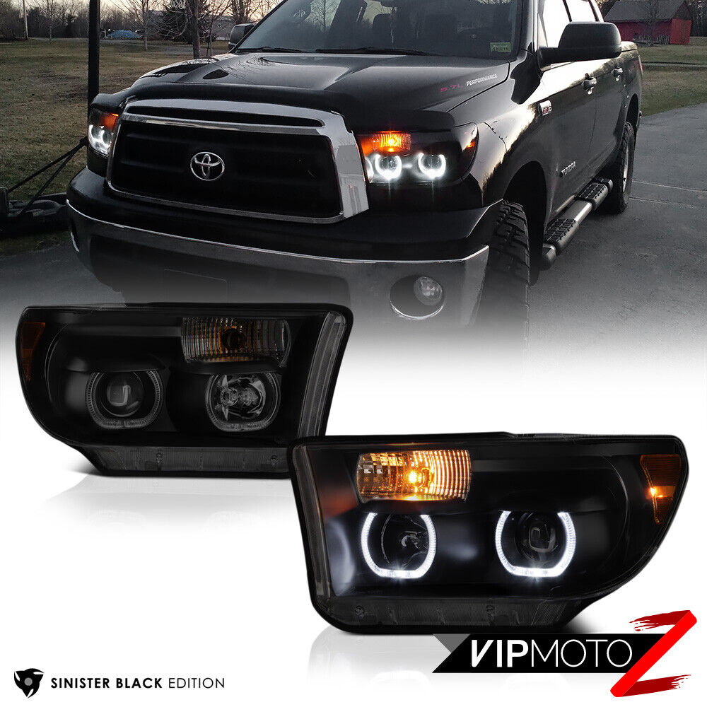 For 07-13 Toyota Tundra [TRD STYLE] Angel Eye LED DRL Headlights SINISTER BLACK