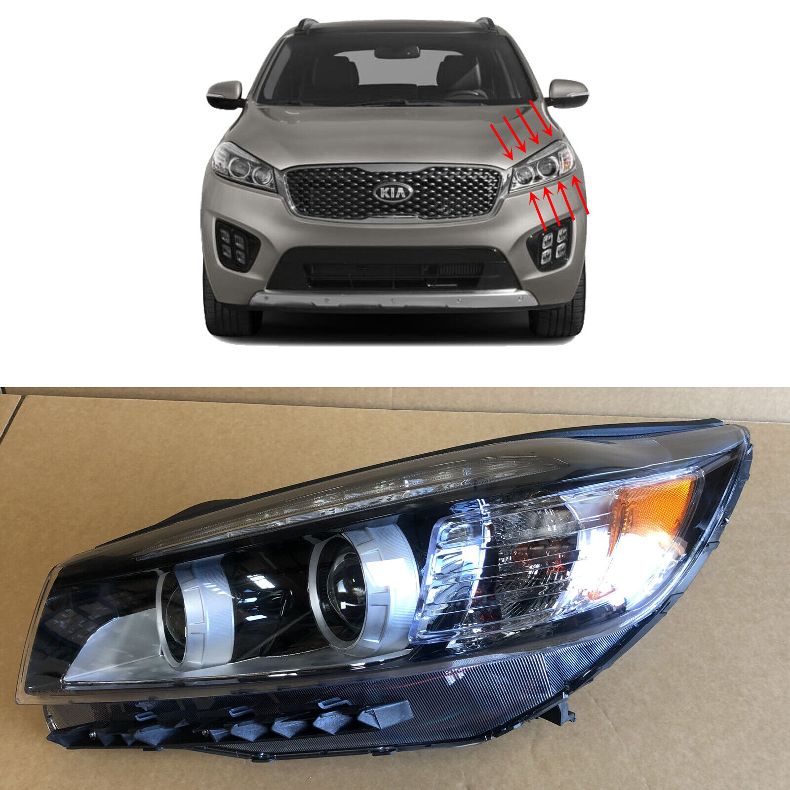 Headlight Assembly for 2016 2018 Kia Sorento Driver Left Side w/ LED Accent DRL