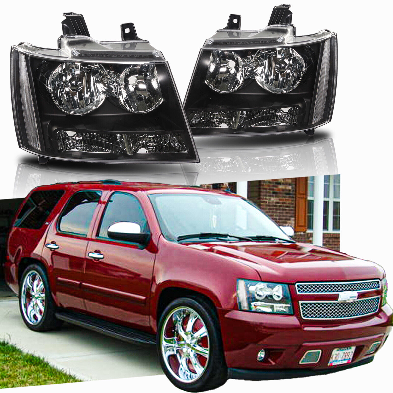 For 2007-2014 Chevy Suburban Tahoe Avalanche Clear Black Headlights Headlamps