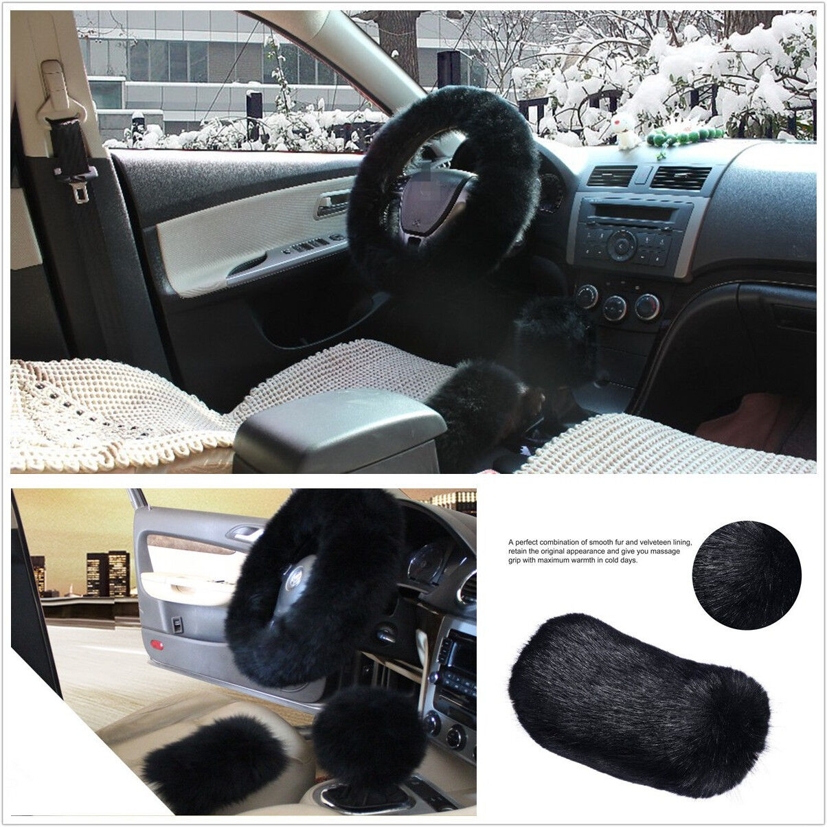 3 Pcs Black Fluffy Fur Wool Car Steering Wheel Cover+Hand Brake+ Gear Knob Cover