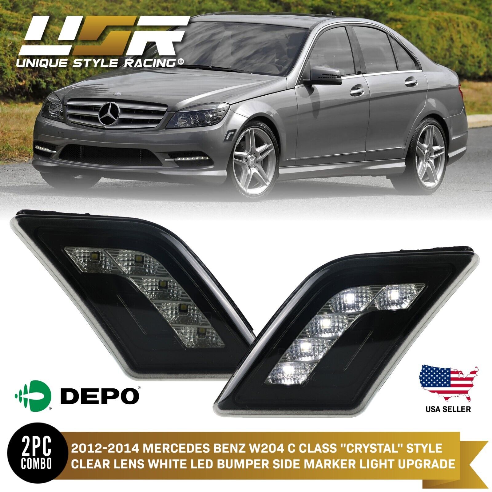 White LED Smoke Bumper Side Markers For 08-14 W204 C63/ 09-11 R230 AMG SL63 SL65