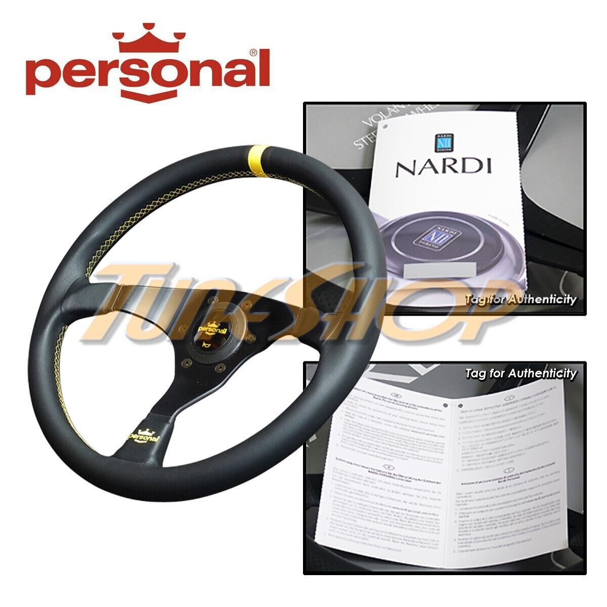 ITALY PERSONAL TROPHY 350MM STEERING WHEEL BLACK LEATHER YELLOW STICHING HORN