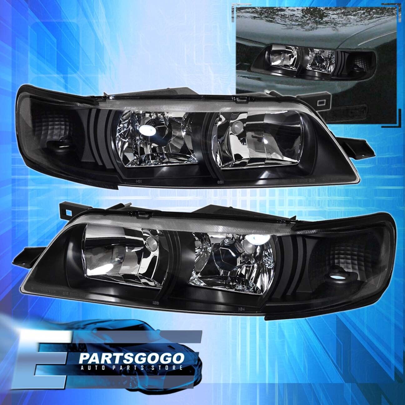 For 95-99 Nissan Maxima Headlights Lamps Assembly Left+Right Pair Black Clear