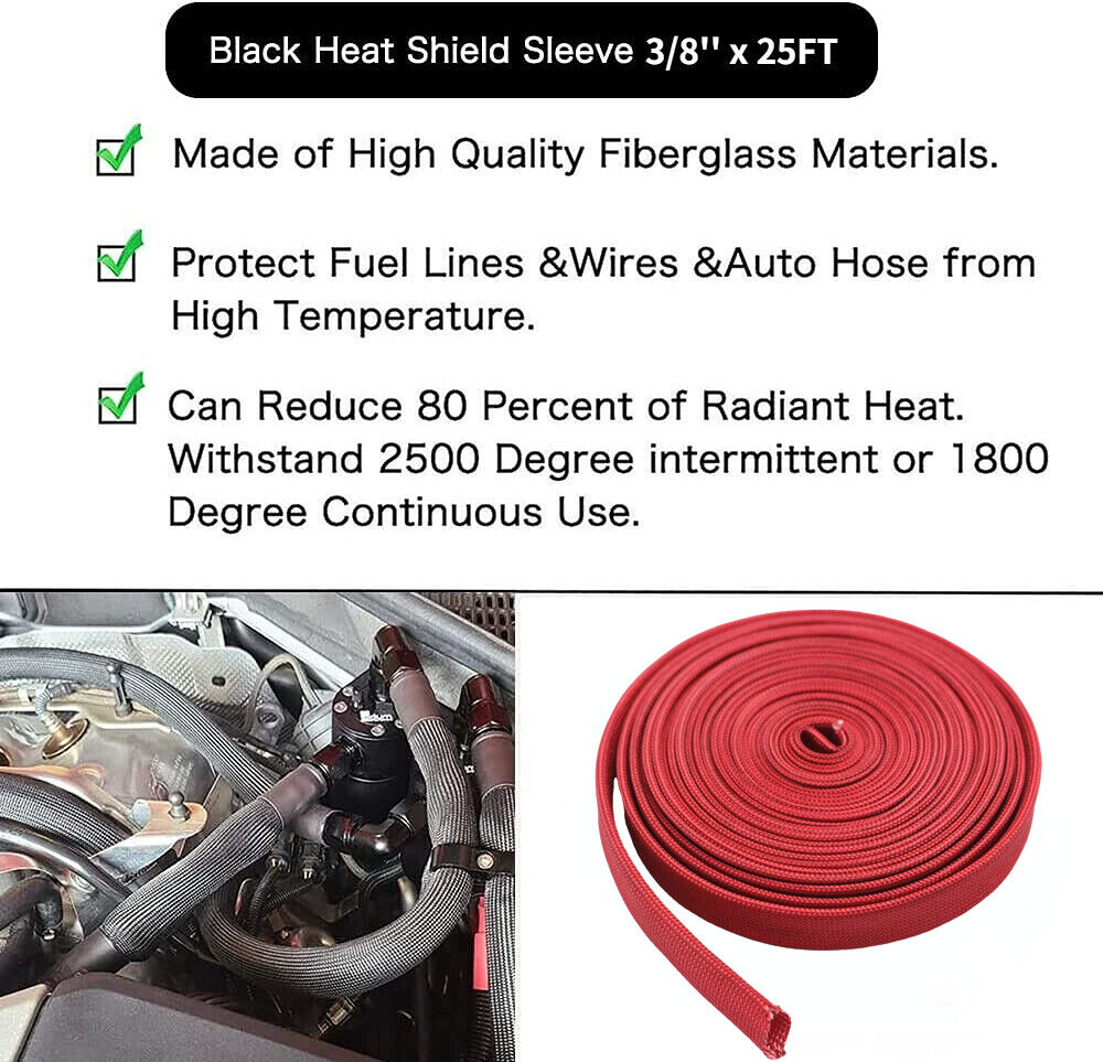 Vulcan Heat Protector Woven Sleeve Red Spark Plug Wire High temp 1200F 25ft L