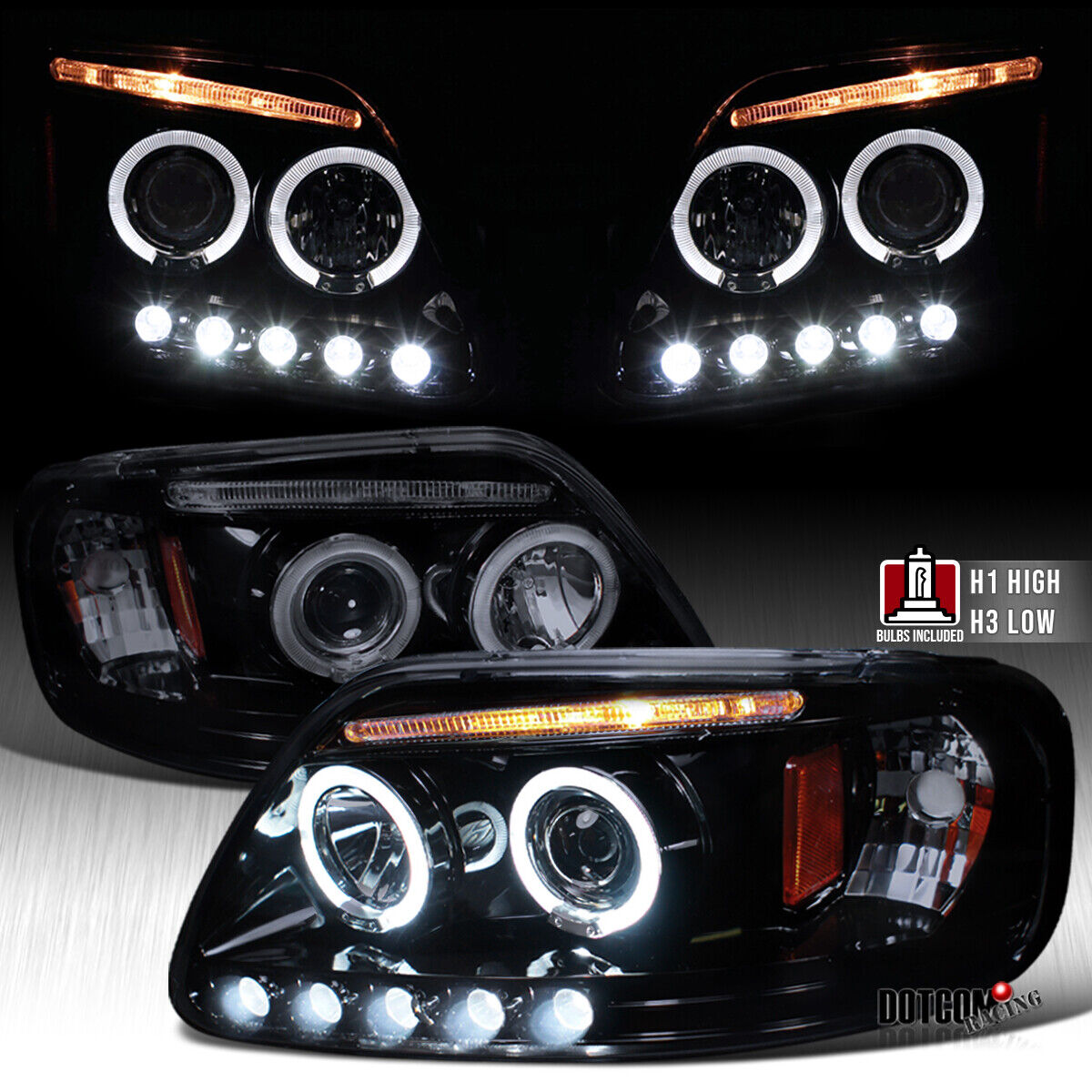 Fit 1997-2003 Ford F150 LED Halo Rim Projector Headlights Head Lamp Black/Smoke