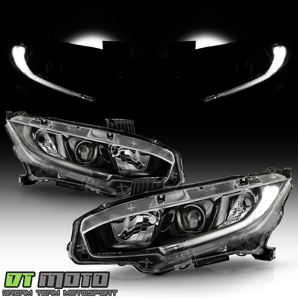 For 2016-2021 Honda Civic JDM Black Halogen w/LED DRL Projector Headlights PAIR