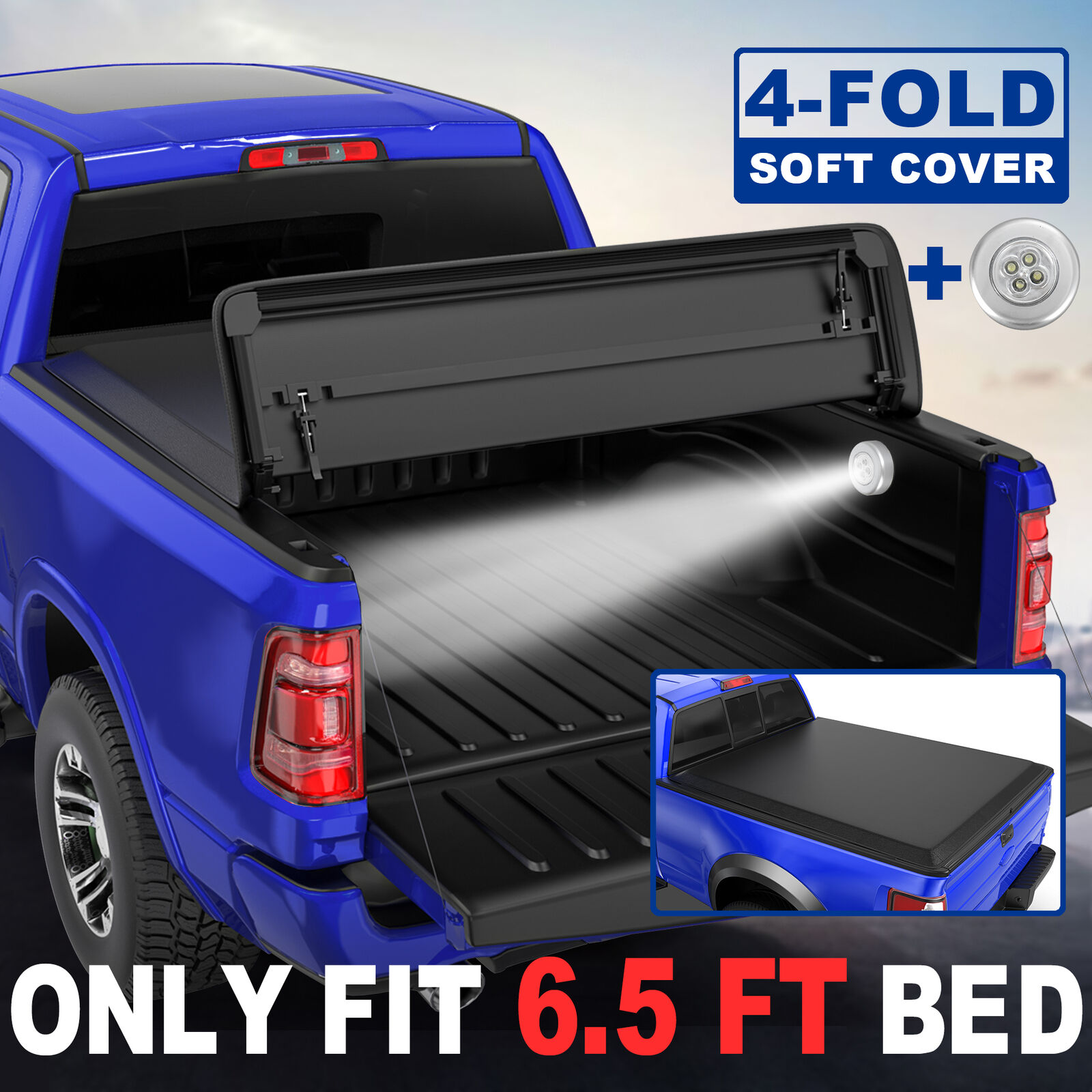 Truck Soft Tonneau Cover For 2004-2008 Ford F150 6.5 Feet Bed 4 Fold w/Led Lamp