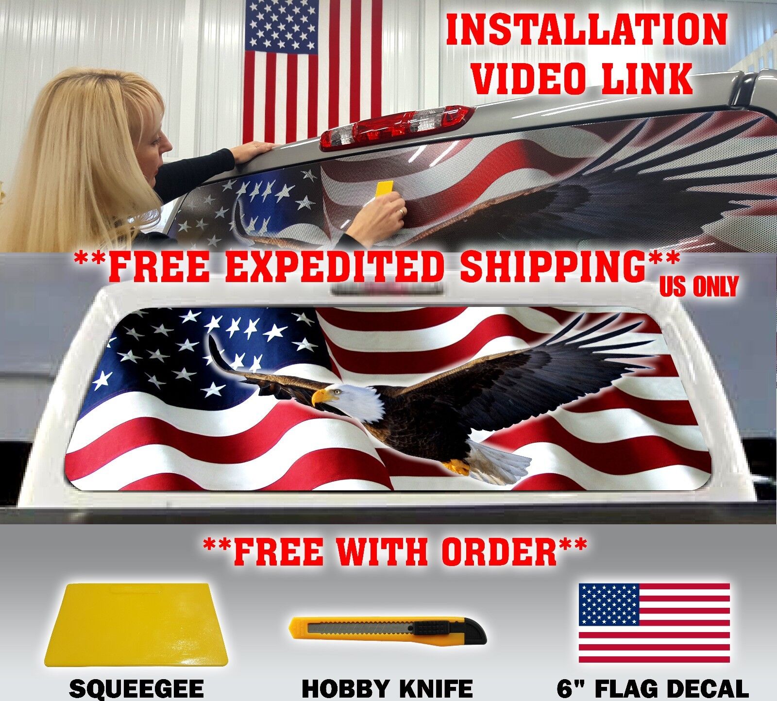 AMERICAN FLAG EAGLE PICK-UP TRUCK REAR WINDOW GRAPHIC DECAL PERFORATED VINYL..