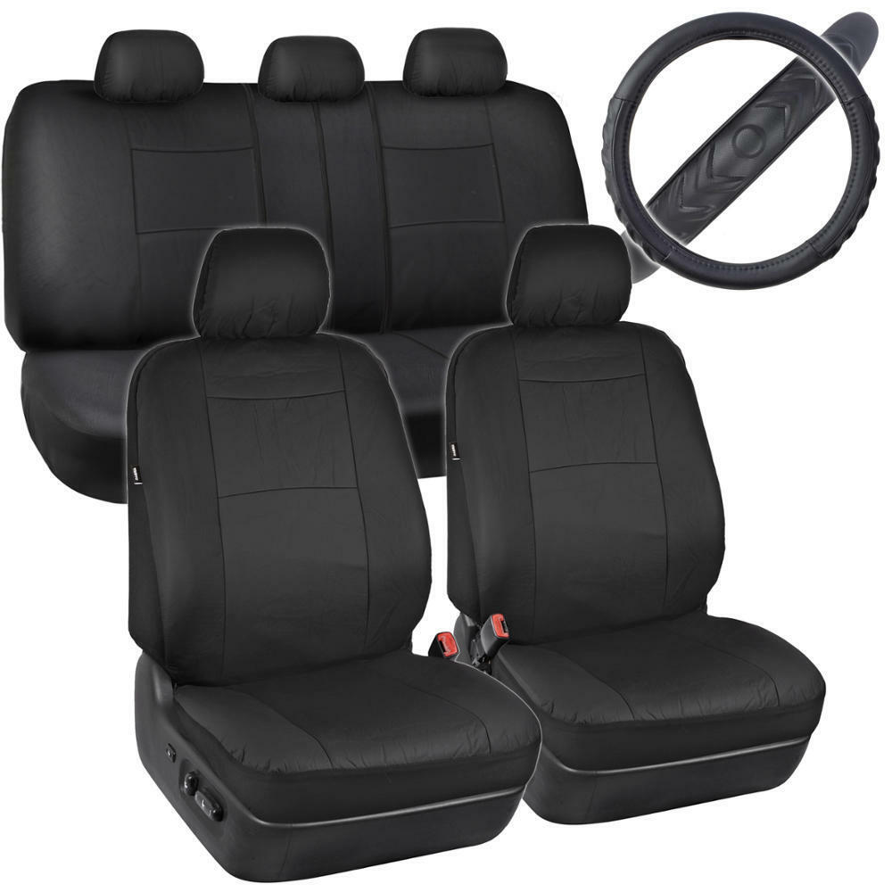 Black PU Leather Seat Covers & Steering Wheel Cover Set Non-Slip Grip Auto Truck