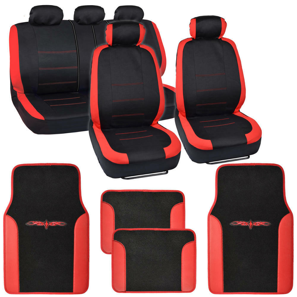 13pc Seat Covers & Floor Mats for Car Black/Red w/ Vinyl Trim Mats 