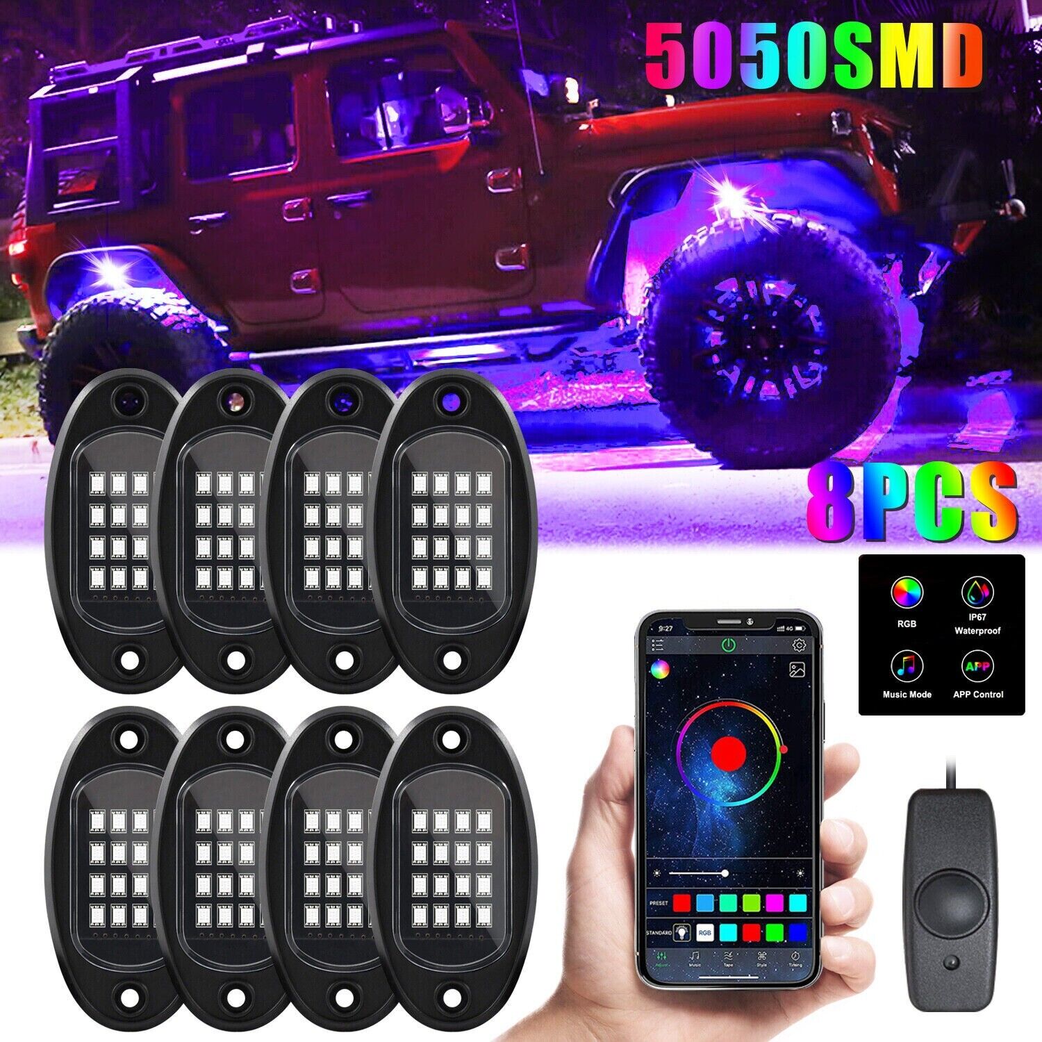 8Pods RGB LED Rock Lights Offroad Music Wireless Bluetooth Underglow Neon Lights
