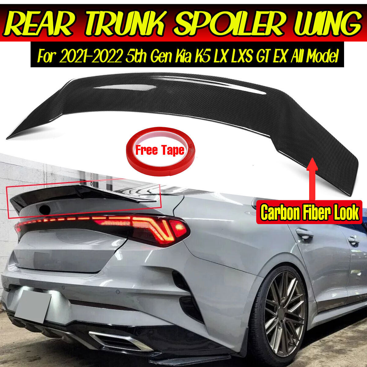 For KIA K5 GT LXS LX EX 21-23 KDM R Style Rear Trunk Spoiler Wing Carbon Fiber 