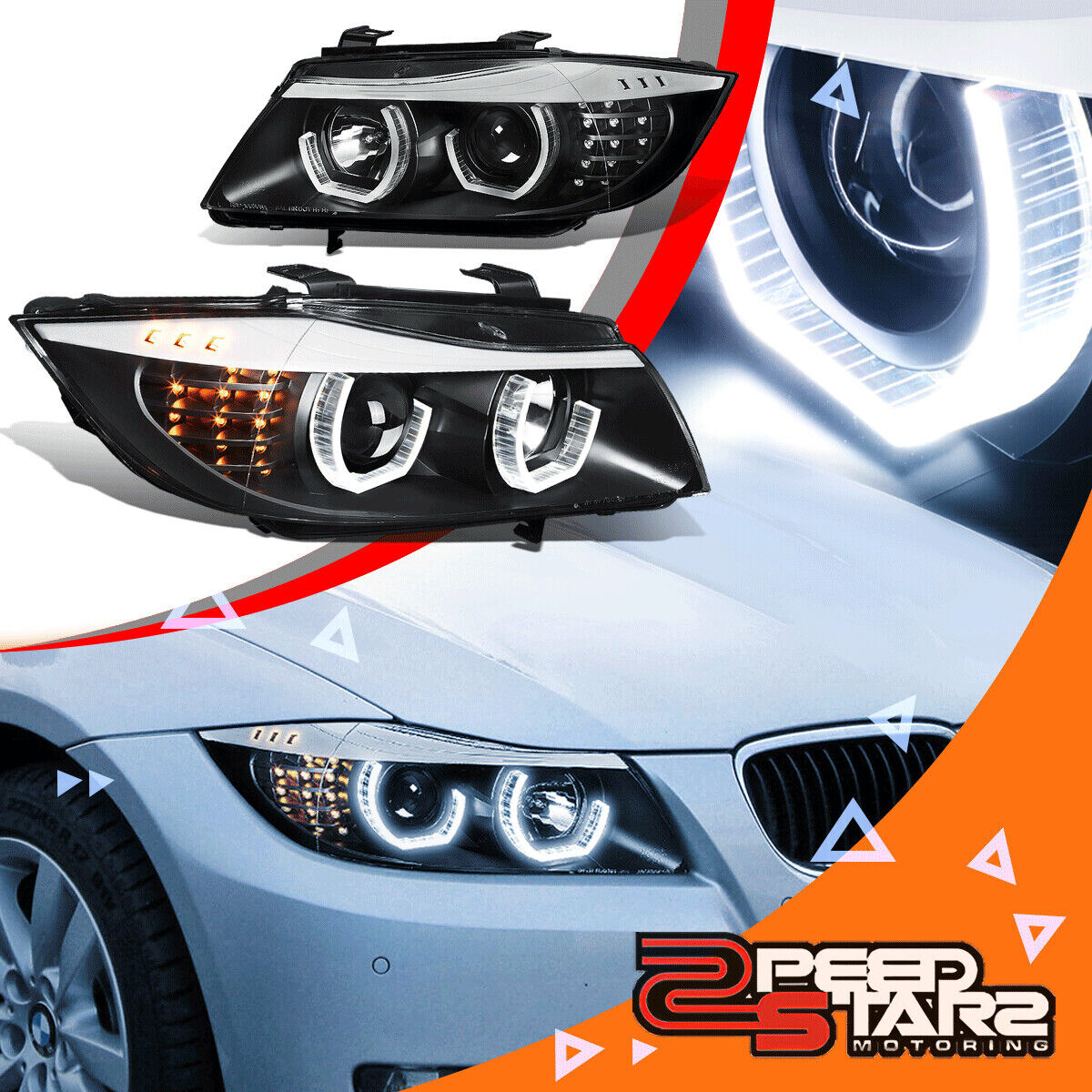 3D LED Halo Projector Headlight for 06-08 BMW 323i 328i 330i 335xi E90 Black
