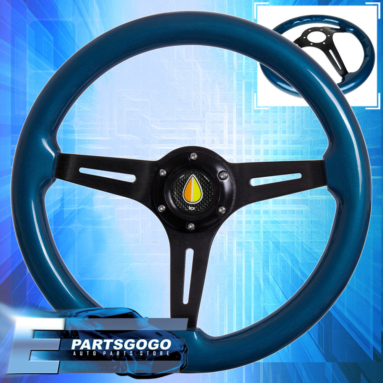 Blue Wood Black Aluminum Center Deep Dish Steering Wheel + Fukushi Horn Button
