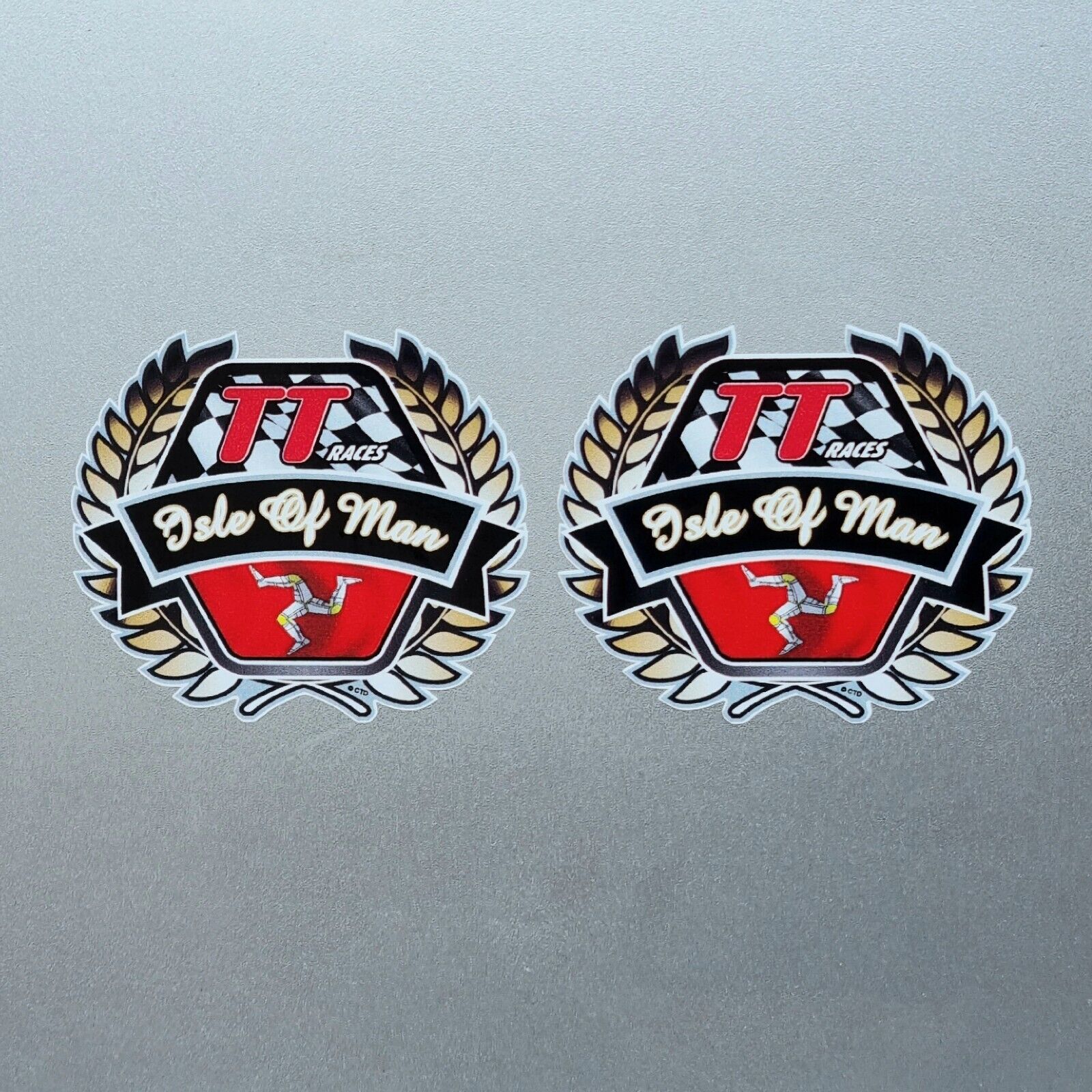 2x Small TT Race Isle of Man Flag Emblem Biker Vinyl Sticker Decal 60x52mm Each