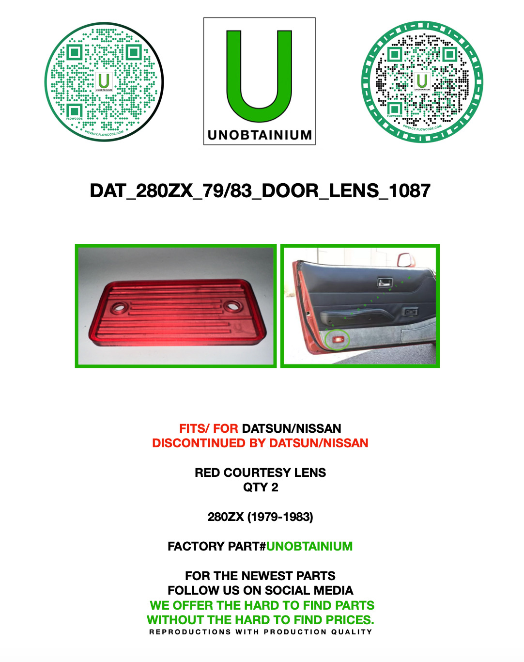 FITS/FOR DATSUN/NISSAN 280ZX (1979-1983) DOOR COURTESY LENS PAIR