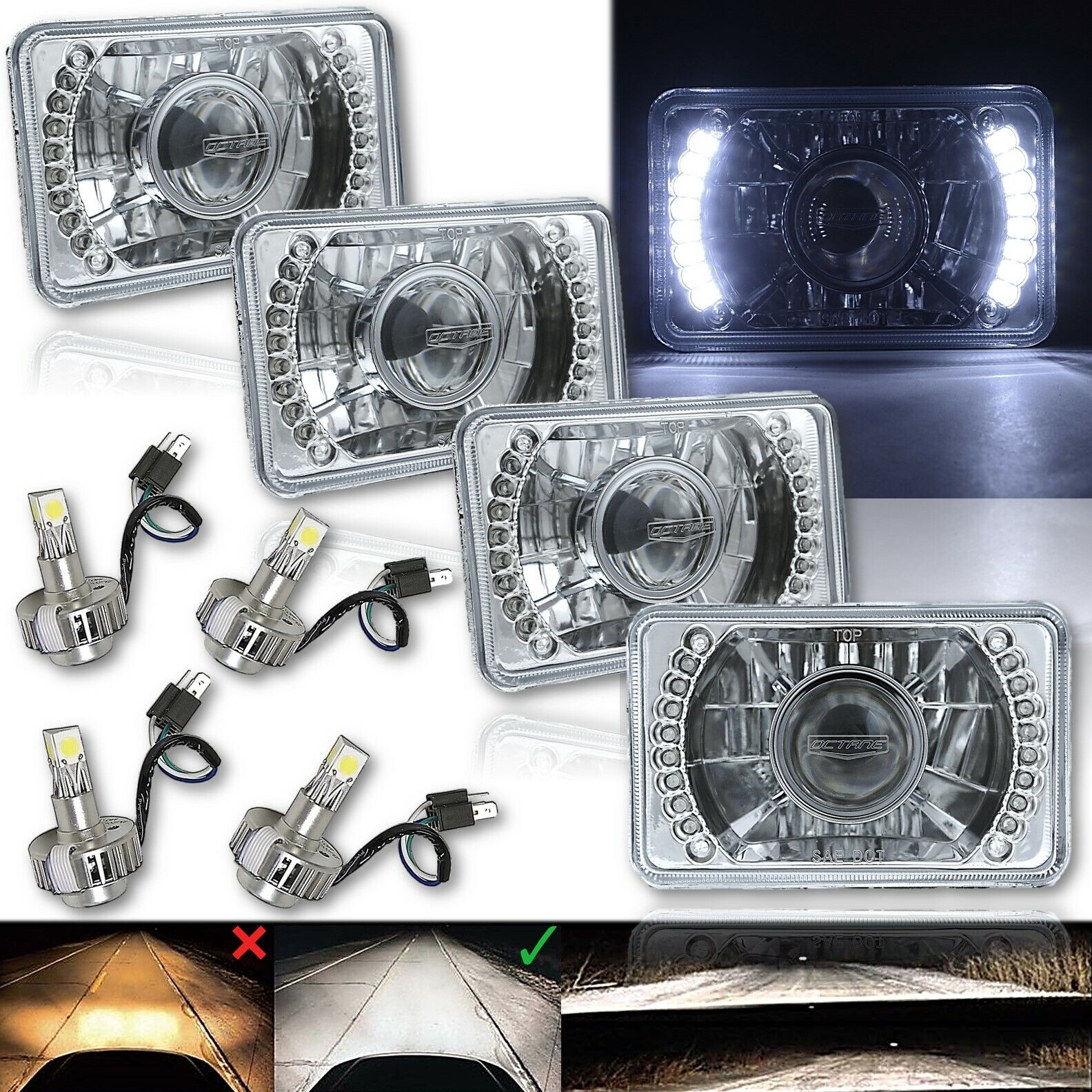 4X6 White LED Halo Projector Crystal Clear Headlamp LED Headlight Light Bulb Set