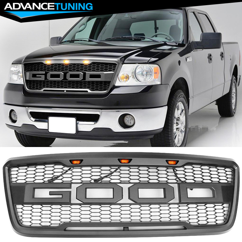 Fits 04-08 Ford F150 R Style Front Bumper Hood Mesh Grille W/ 3 Amber LED Light