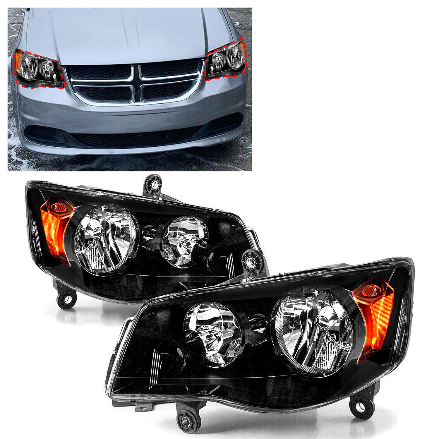 For 11-20 Dodge Grand Caravan 08-16 Chrysler Town&Country Black Headlight Lamp