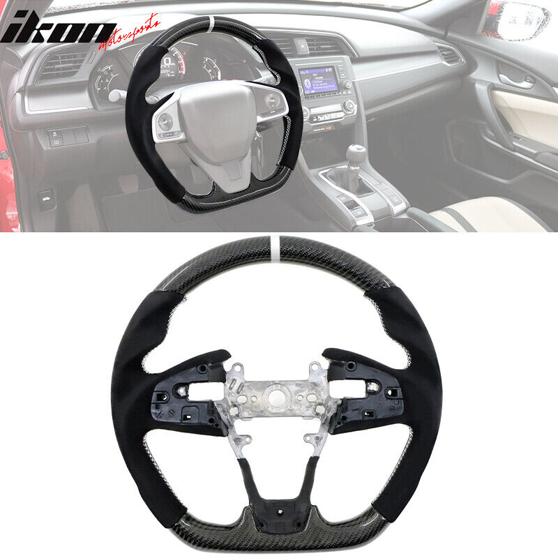 Fits 16-21 Honda Civic Carbon Fiber Steering Wheel Alcantara White Stitch & Ring