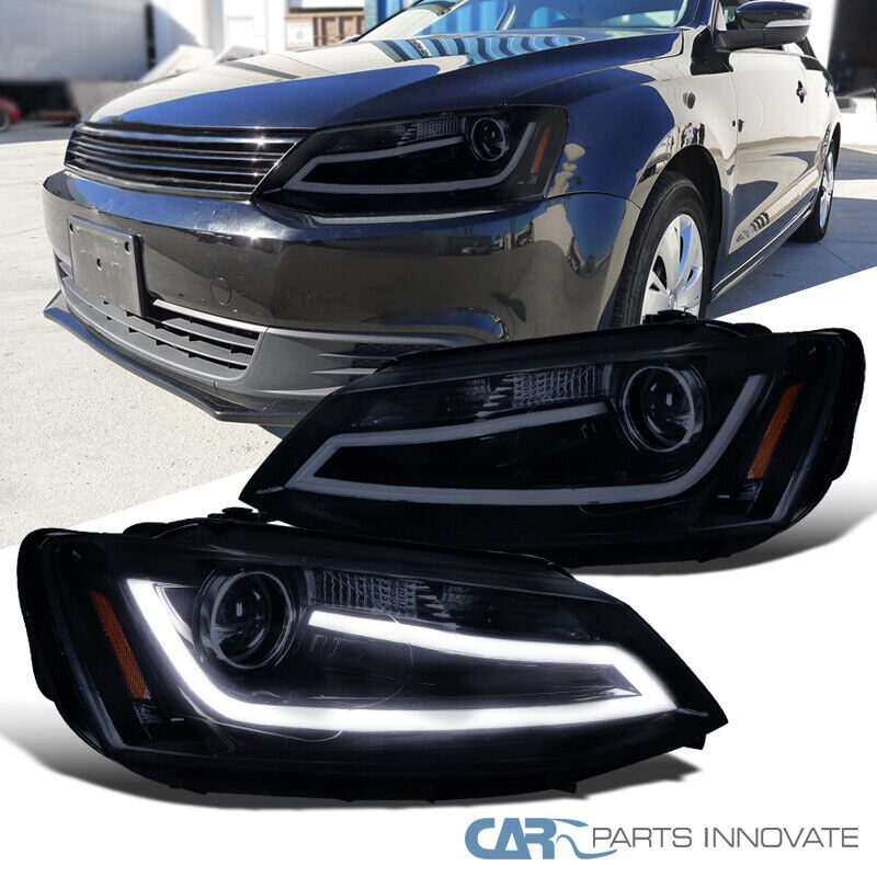 Glossy Black Fit 11-18 Jetta LED DRL Projector Headlights Head Lamps Left+Right