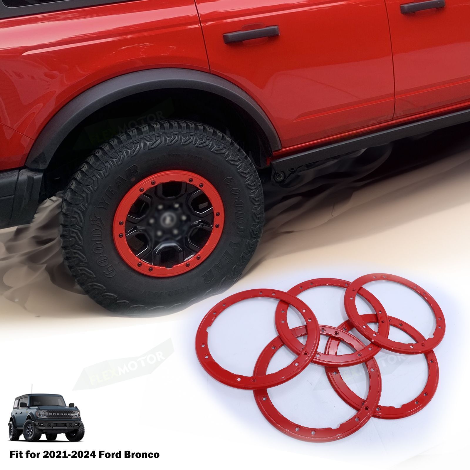 5pcs RED Bead Lock Wheel Trim Ring Kit For 2021-2024 Ford Bronco OE Style