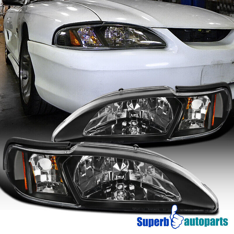 For 1994-1998 Ford Mustang Head Lamps+Corner Lights Black Replacement Pair