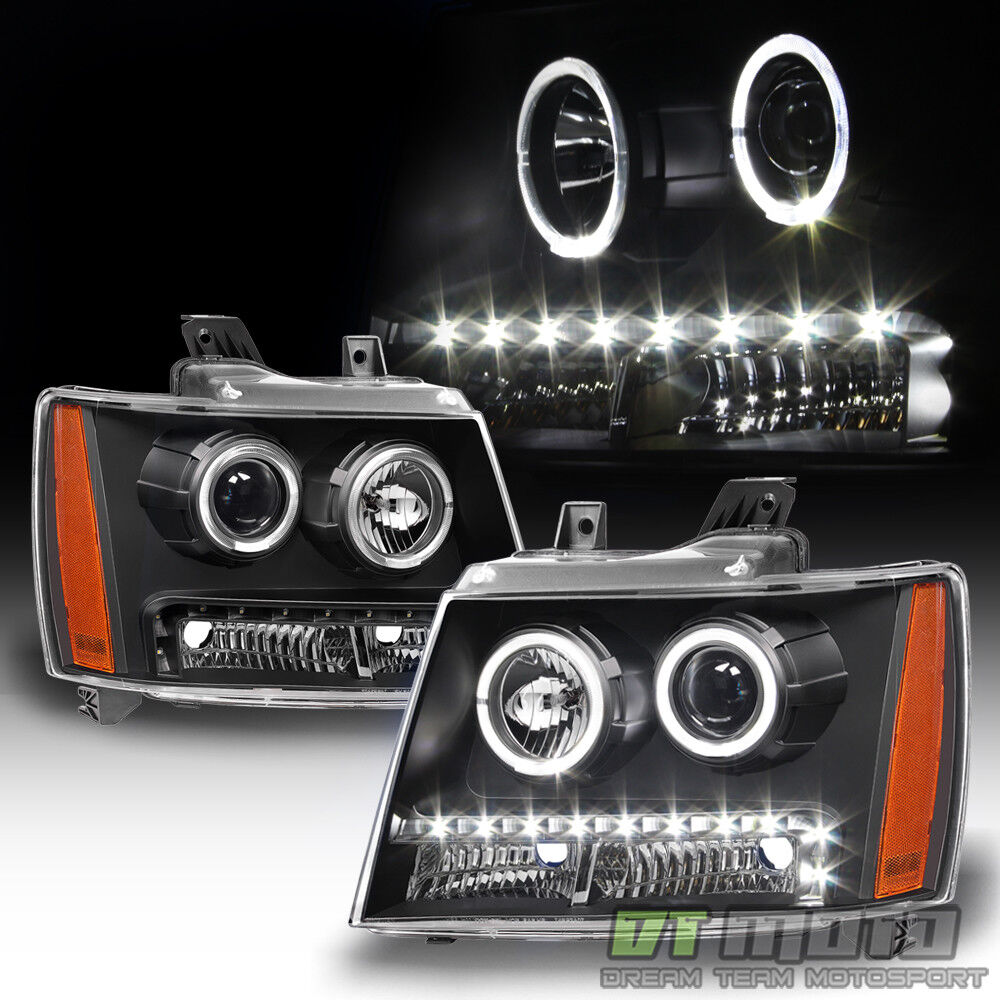 Black 2007-2013 Chevy Suburban Tahoe Avalanche LED DRL Halo Projector Headlights