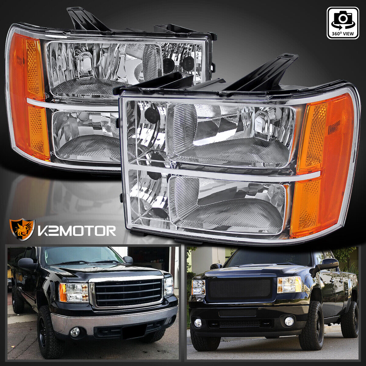 Fits 2007-2013 GMC Sierra 1500 2500HD 3500HD Replacement Headlights Left+Right