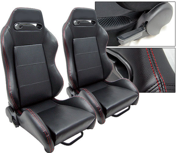 1 PAIR BLACK PVC LEATHER + RED STITCH RACING SEATS FOR BMW NEW