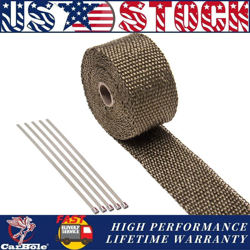 2 INCH 16FT Titanium Exhaust/Header Pipe Heat Wrap Roll w/ 5X Stainless Ties Kit