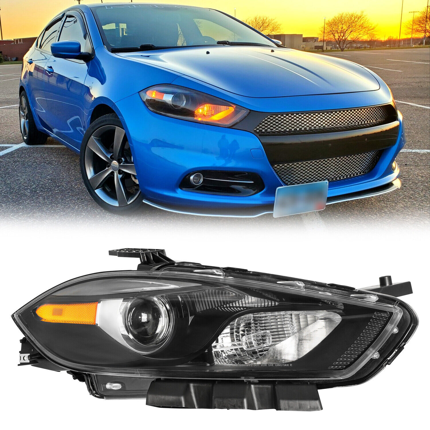 For 13-16 Dodge Dart Halogen W/Black Amber Headlights Passenger Side Headlamps