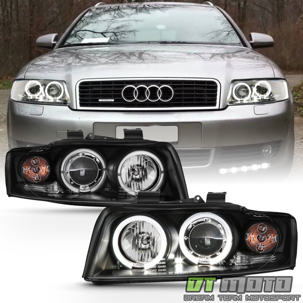 2002-2005 Audi A4 S4 B6 LED Halo Blk 1-Piece Projector Headlights Headlamps Set