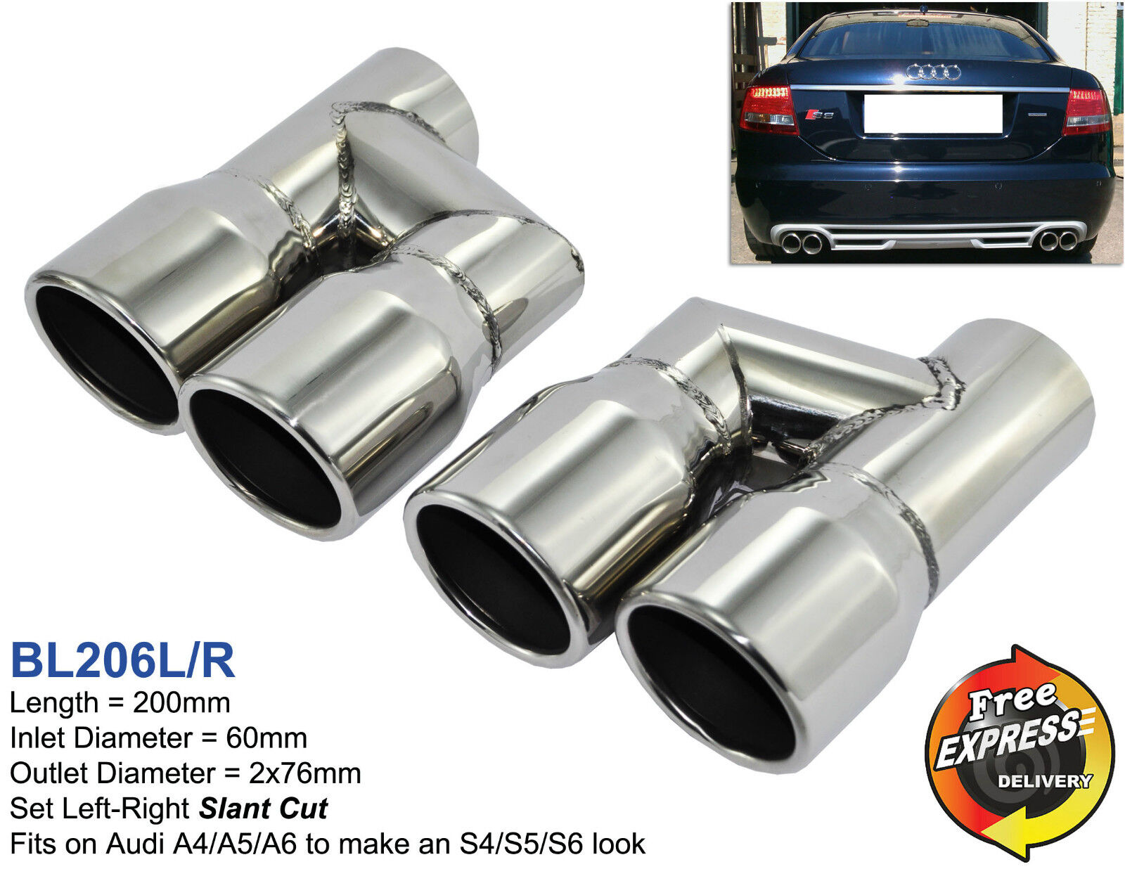 Exhaust tips tailpipes trims S/Steel for Audi A4 A5 A6 A7 A8 S4 S5 S6 S7 S8