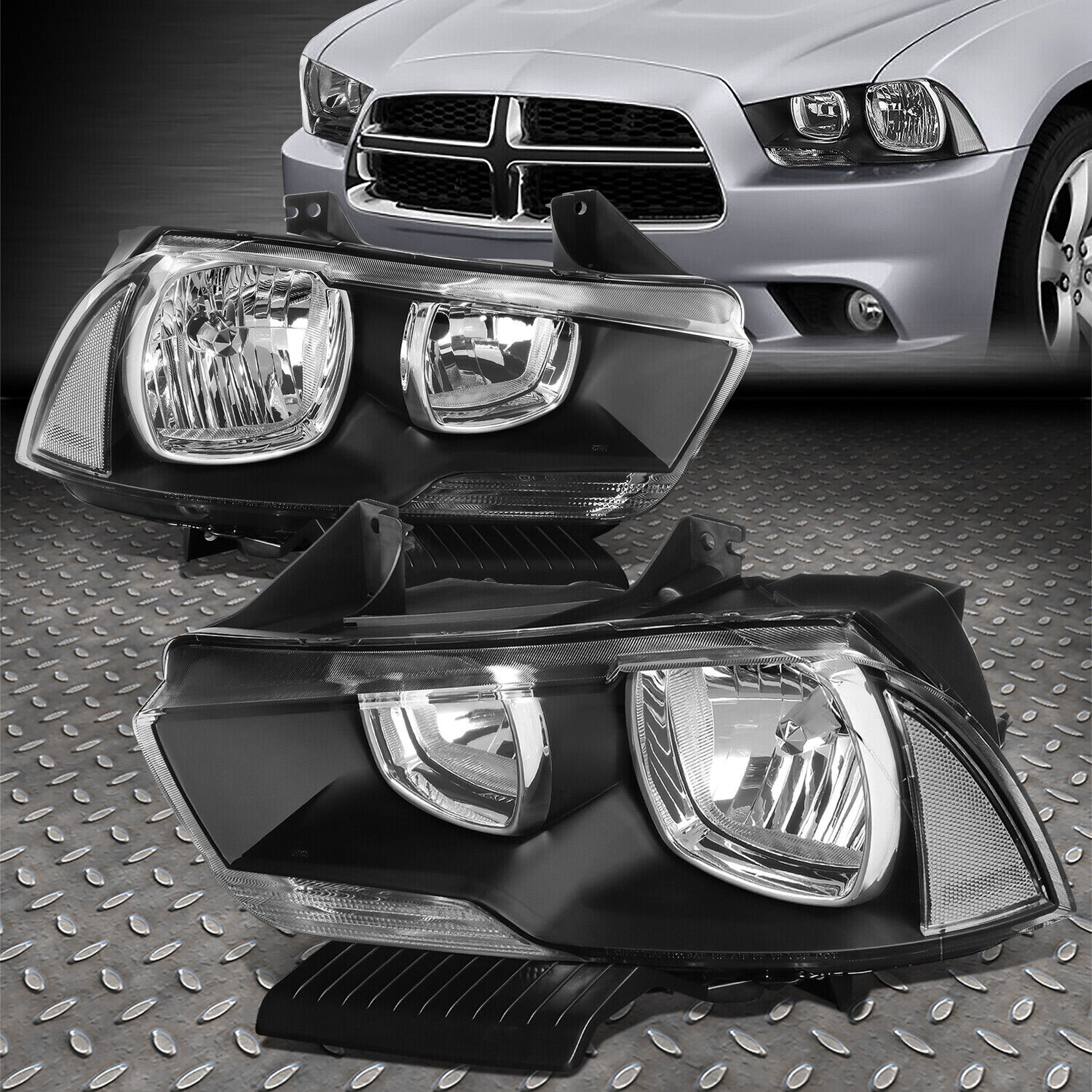 FOR 11-14 DODGE CHARGER BLACK HOUSING CLEAR CORNER HEADLIGHT REPLACEMENT LAMPS