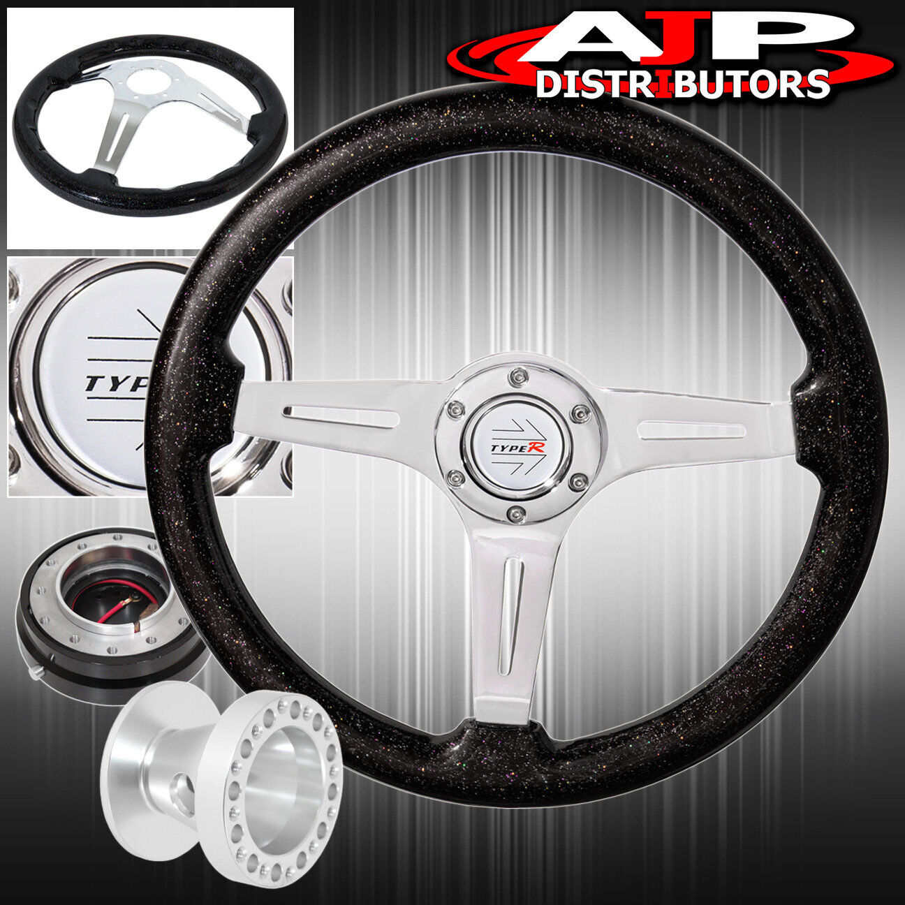 Hub For 84-89 Corolla + Metallic Black Steering Wheel + Slim Black Quick Release